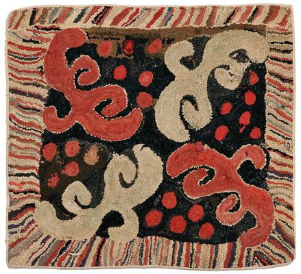 Appraisal: American hooked rug abstract design on dark ground with red