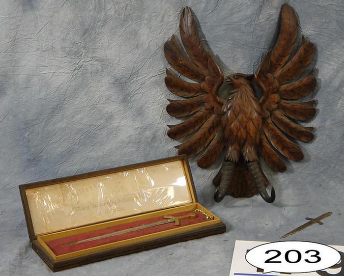 Appraisal: Wood carving of Austrian eagle with autler legs along with