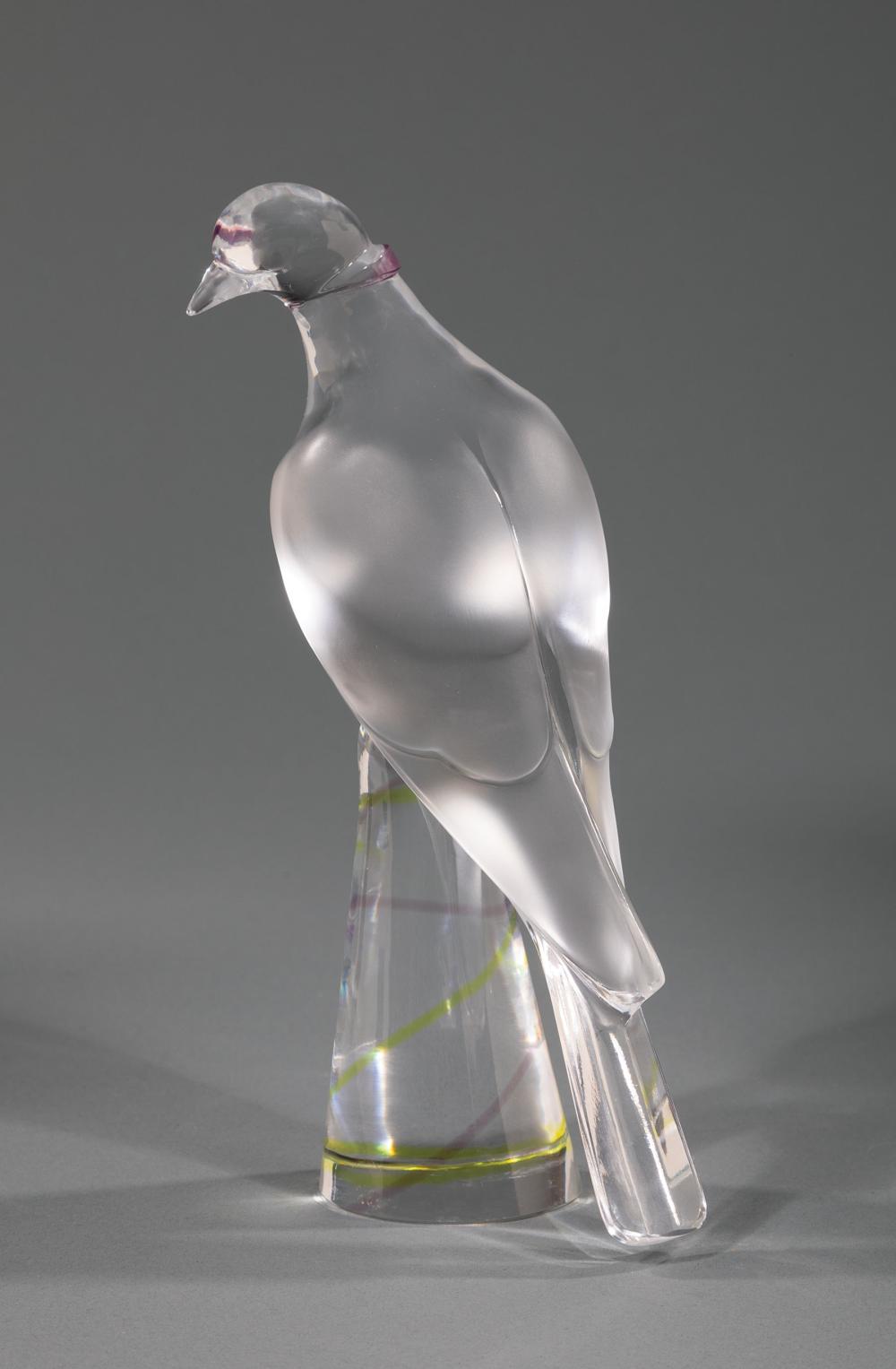 Appraisal: Lalique Frosted Clear and Colored Glass Turtle Dove on Pedestal