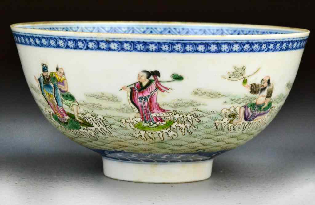 Appraisal: Chinese Famille Rose Eggshell Porcelain BowlFinely painted exterior depicting eight