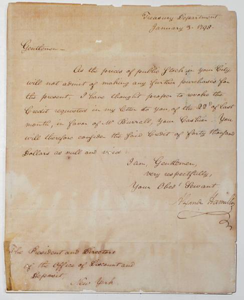 Appraisal: HAMILTON ALEXANDER - Letter Signed Alexander Hamilton p to Treasury