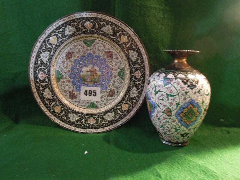 Appraisal: A Middle Eastern highly decorative enamelled vase and plate with