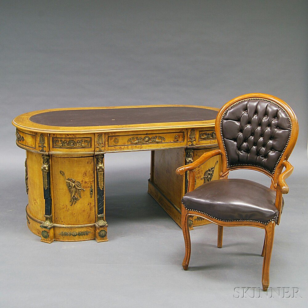 Appraisal: Empire-style Gilt-metal-mounted Birch Pedestal Partner's Desk and Fruitwood Chair the