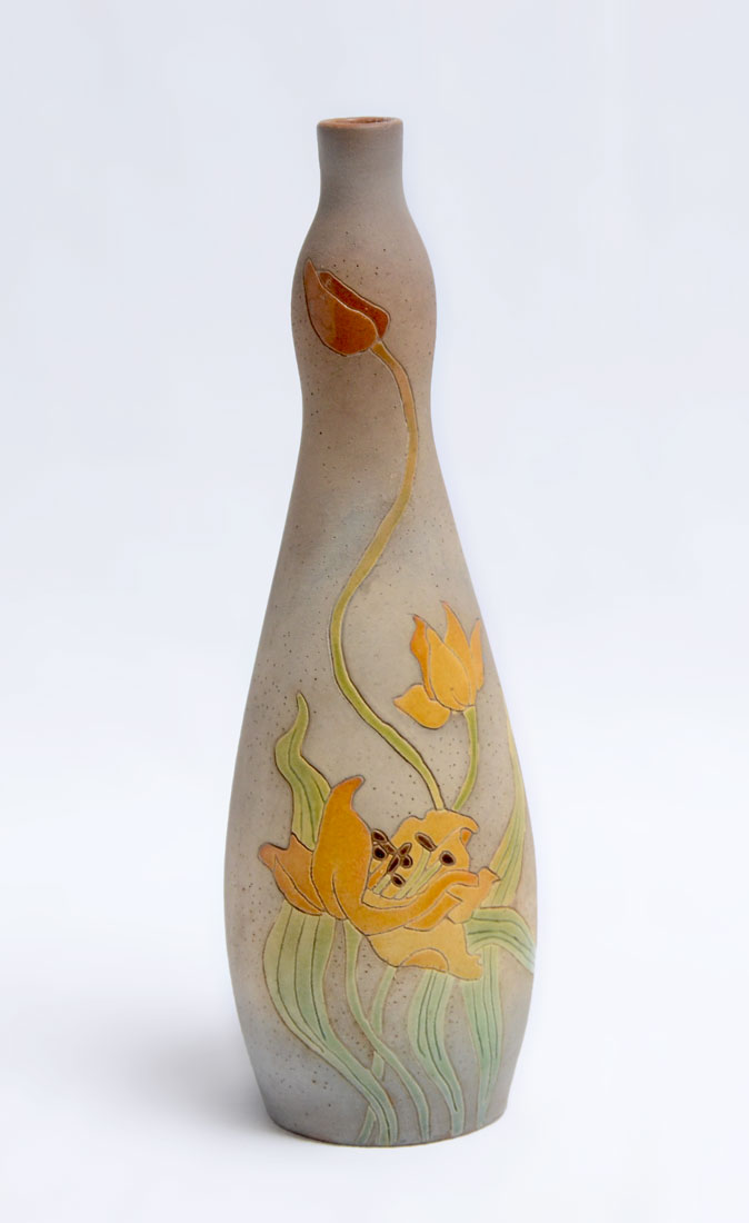 Appraisal: ROSEVILLE ROZANE WOODLAND TULIP VASE Mottled bisque ground incised yellow