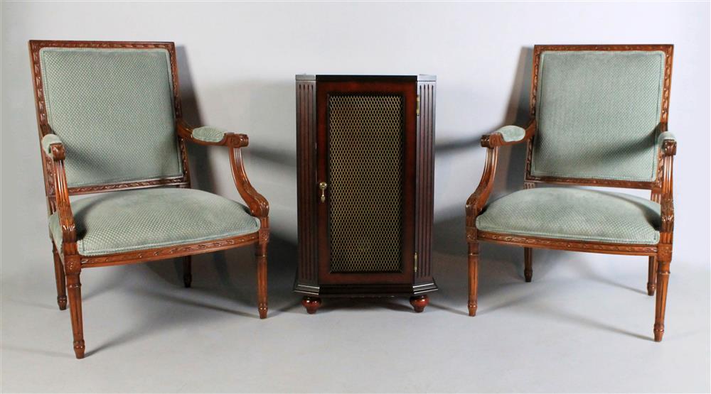 Appraisal: PAIR OF LOUIS XVI STYLE ARM CHAIRS AND A BEDSIDE