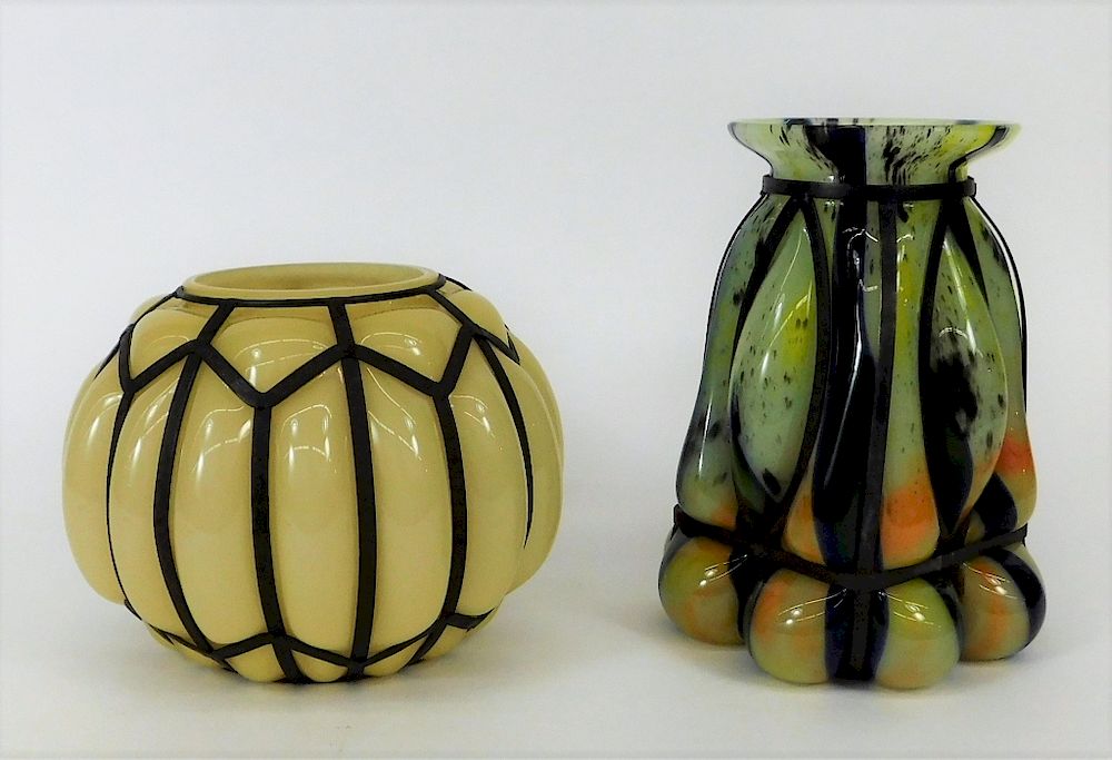 Appraisal: Kralik Bohemian Caged Blown Out Art Glass Vases Bohemia th