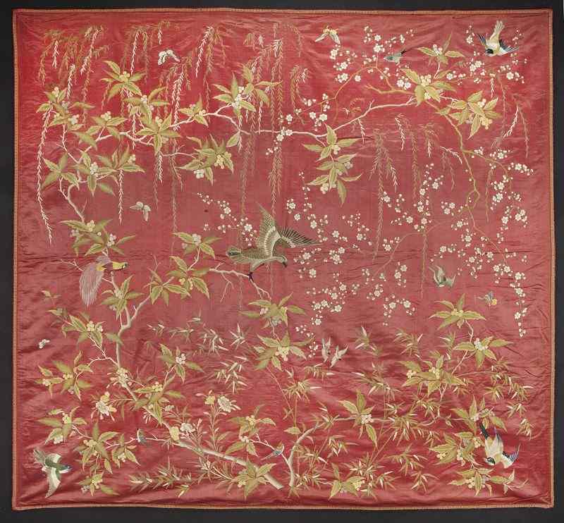 Appraisal: Chinese Qing embroidered paneldepicting birds and flowers ''H x ''W