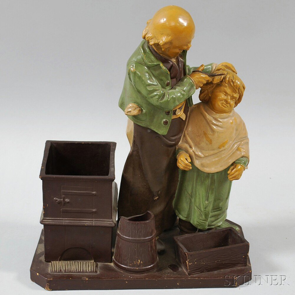 Appraisal: European Painted Ceramic Barber and Boy Figural Group Tobacco Stand