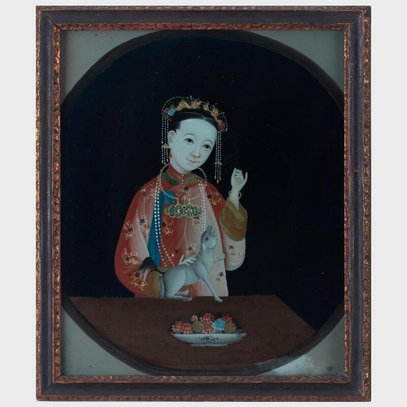 Appraisal: Pair of Chinese Reverse Paintings on Glass with Lady and