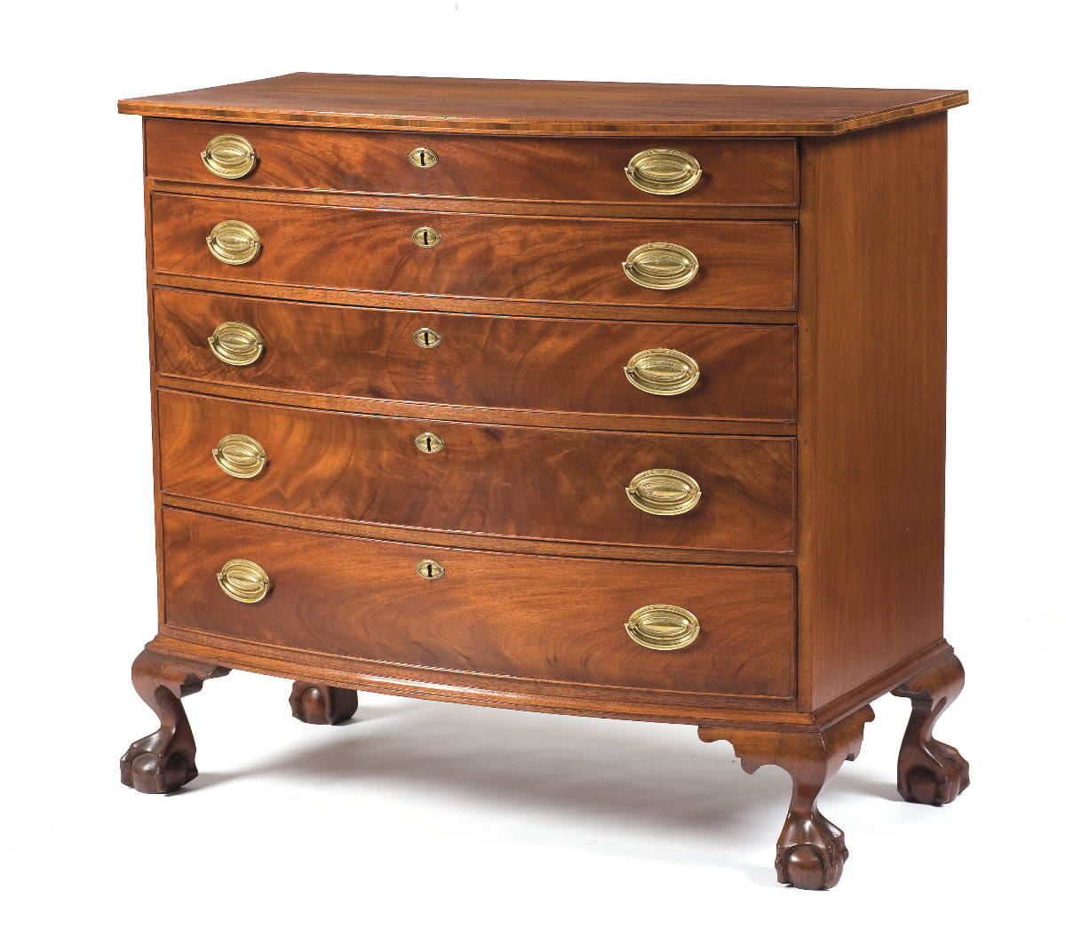 Appraisal: MASSACHUSETTS CHIPPENDALE CARVED MAHOGANY BOWFRONT FIVE-DRAWER CHEST The rectangular top