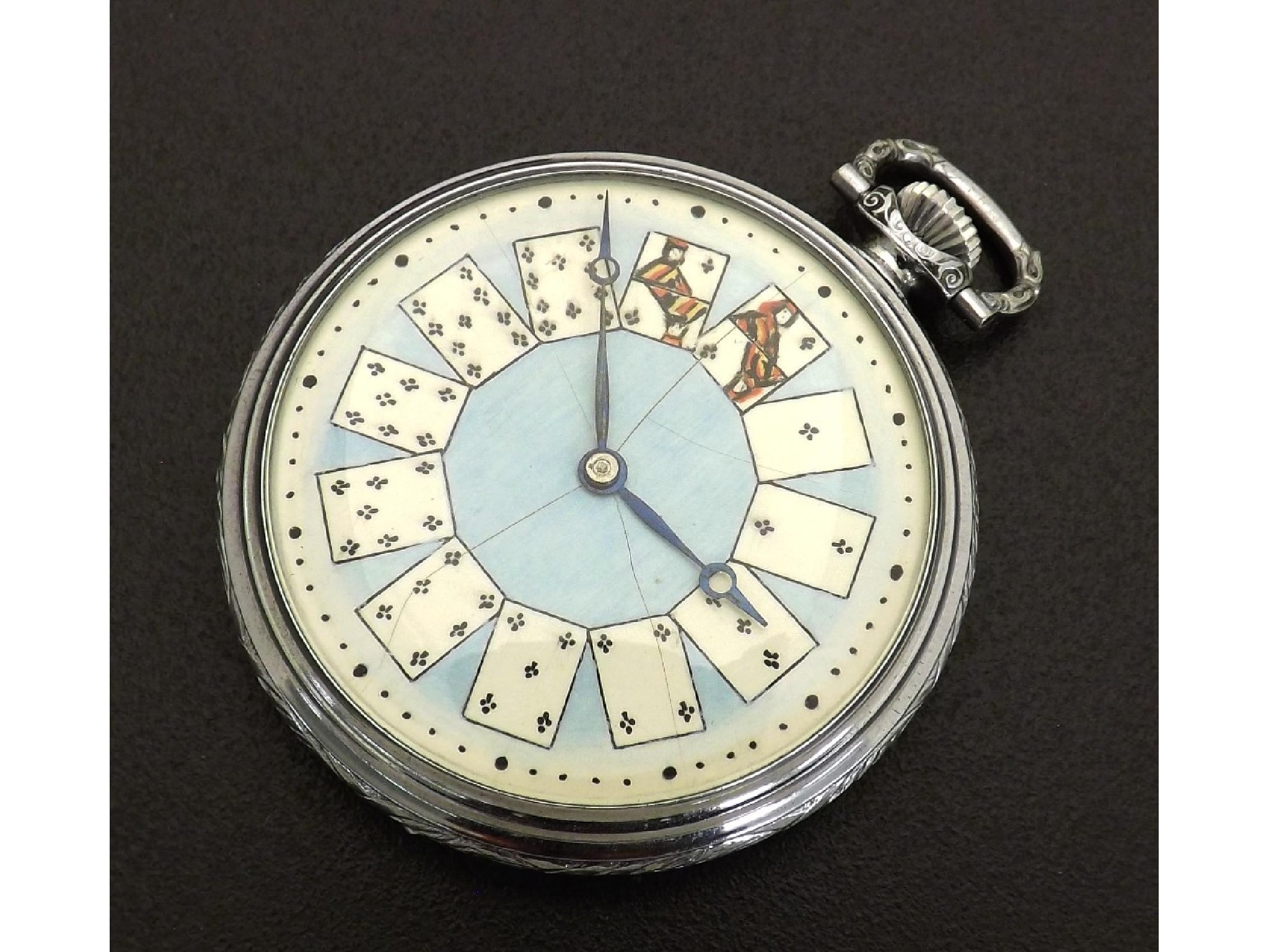 Appraisal: Novelty chrome cylinder pocket watch the light blue dial depicting