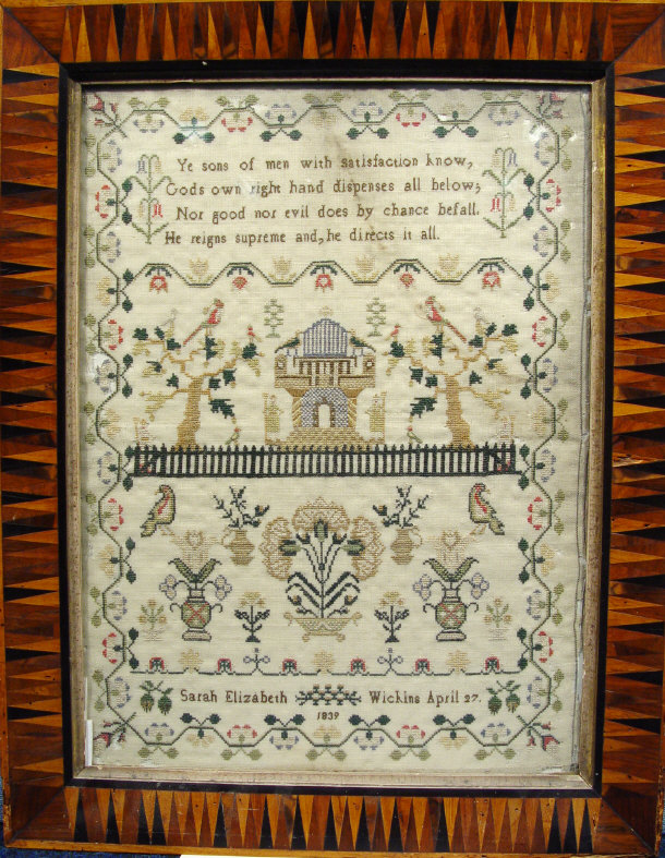 Appraisal: Rectangular early Victorian rectangular sampler with colour stitched castle birds