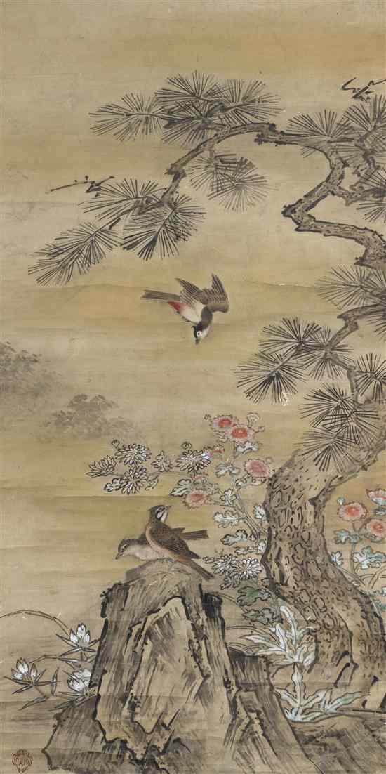 Appraisal: A Chinese Scroll Painting depicting birds amongst knotted pines and