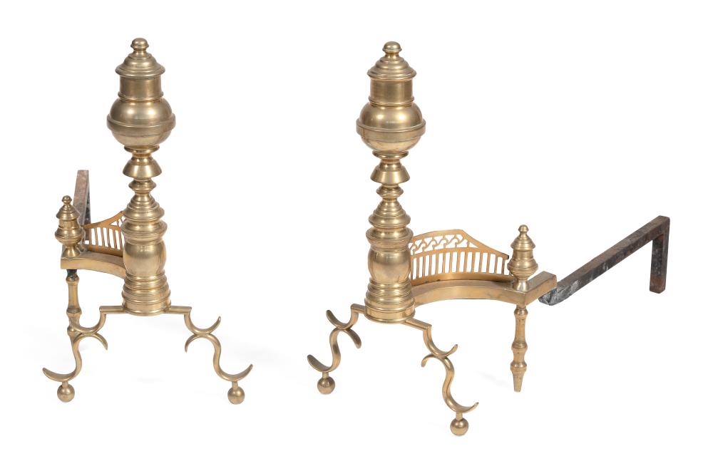 Appraisal: PAIR OF BRASS ANDIRONS LATE TH CENTURY HEIGHTS DEPTHS PAIR