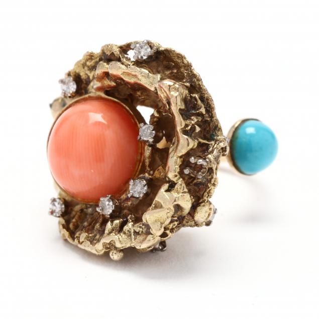 Appraisal: GOLD CORAL TURQUOISE AND DIAMOND RING Designed in nugget finish