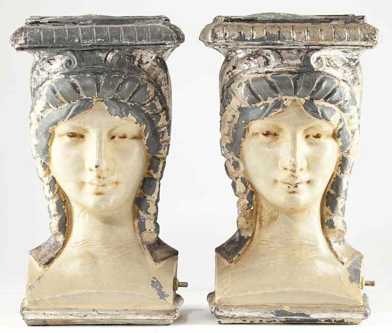 Appraisal: Pair of Muse Figural Reflector Lampscirca painted metal embossed and