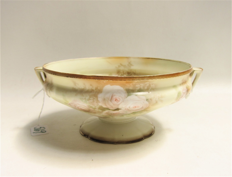 Appraisal: RS PRUSSIA PEDESTAL BOWL split handled with floral transfer decoration