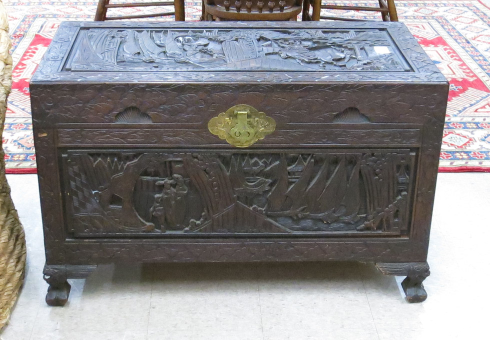 Appraisal: CARVED LIFT-TOP CAMPHOR WOOD BLANKET CHEST Chinese export mid- th