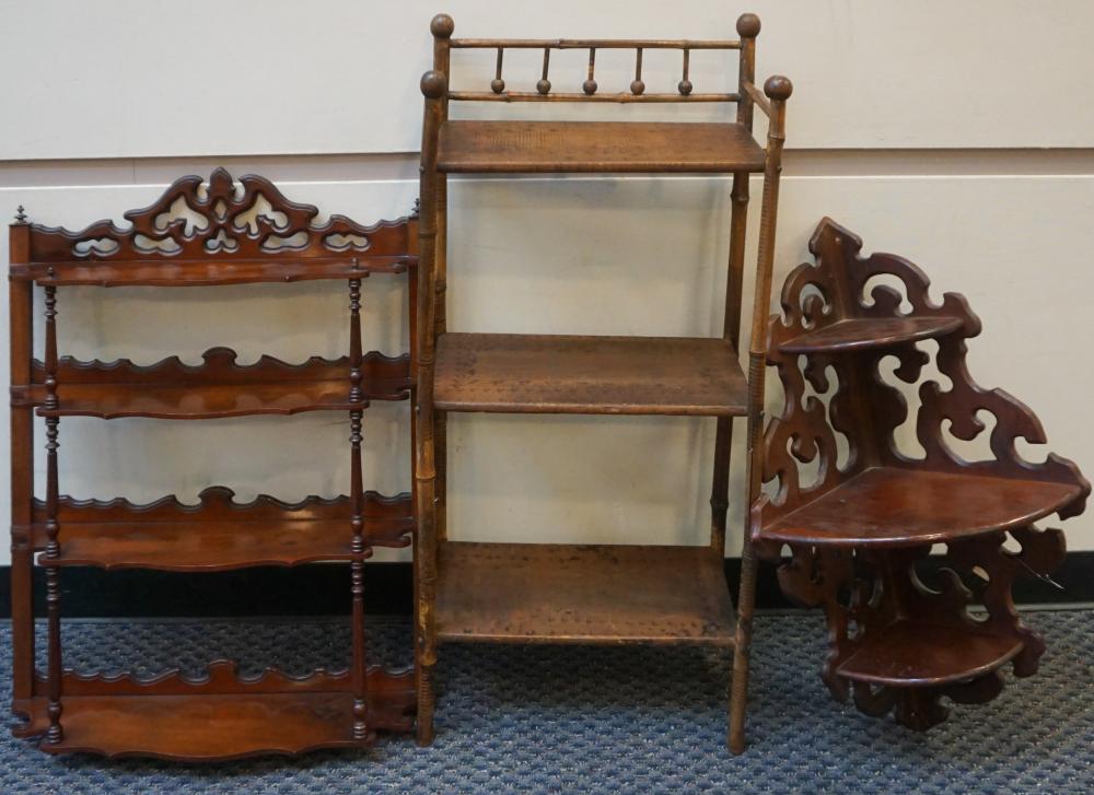 Appraisal: VICTORIAN CARVED WALNUT CORNER HANGING ETAGERE A MAHOGANY HANGING SHELF