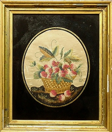 Appraisal: - Oval English silkwork of a basket of strawberries th