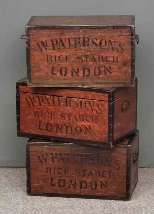 Appraisal: Three th Century stained and painted pine rectangular storage boxes