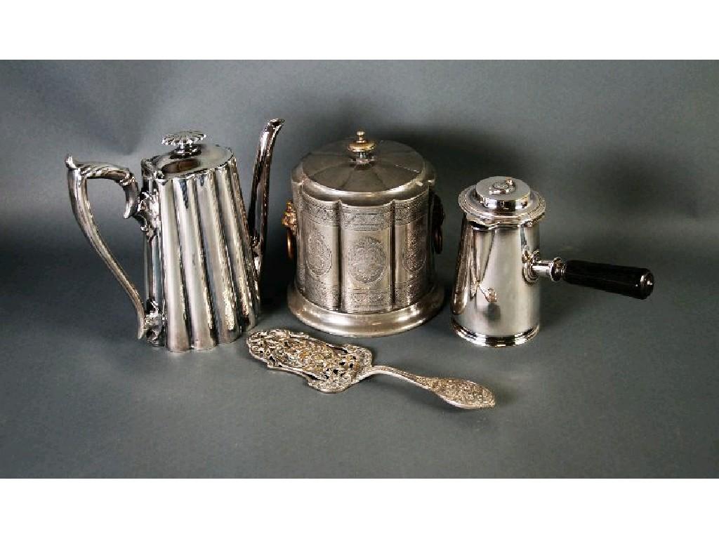 Appraisal: COLLECTION OF ELECTROPLATED WARES TO INCLUDE ELABORATE BISCUIT BARREL of