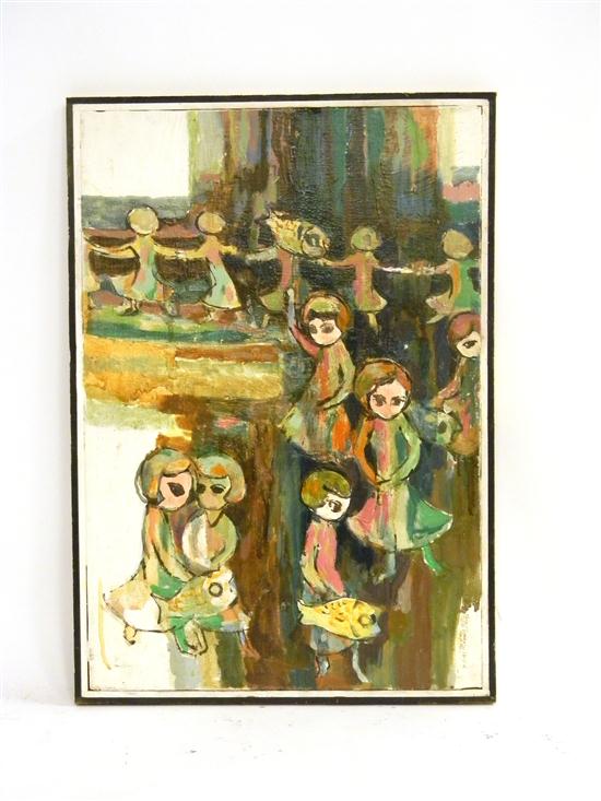 Appraisal: Hsiao-yew HSU th C oil on canvas stylized figures of