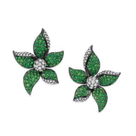 Appraisal: Pair of Green Garnet and Diamond Flower Earrings Estimate -