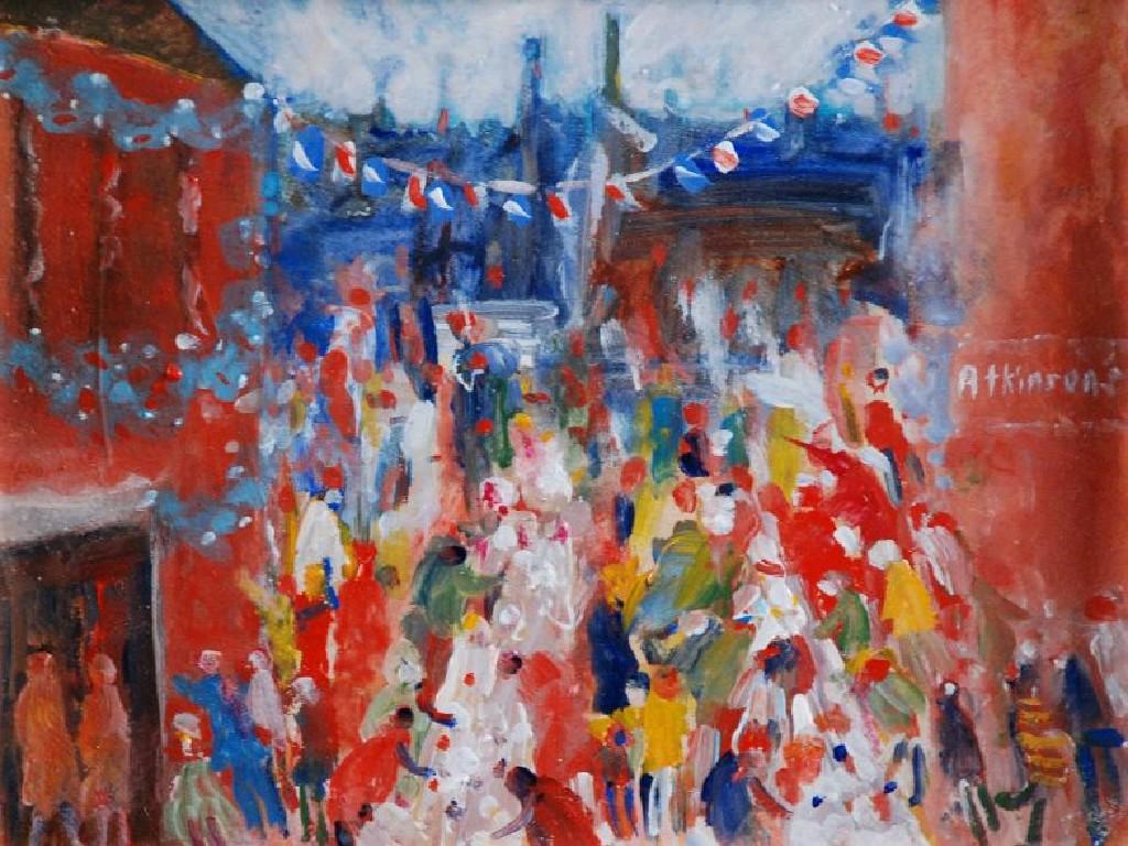 Appraisal: SUE ATKINSON b OIL ON BOARD'Jubilee Day'signed and titled verso