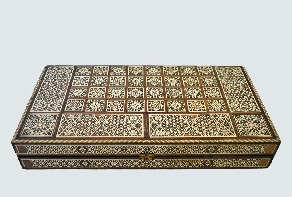 Appraisal: NORTH AFRICAN VARIOUS WOODS INLAID BACKGAMMON SETNorth African Various Wood