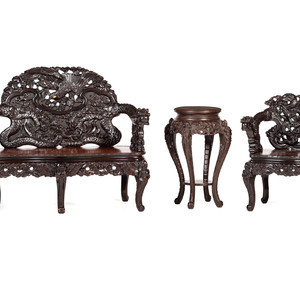 Appraisal: A Japanese Carved Hardwood Armchair Settee and Marble Inset Stand