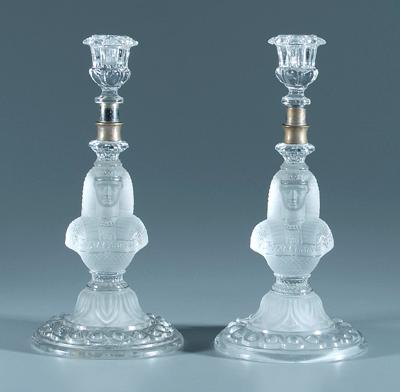 Appraisal: Pair Egyptian Revival candlesticks frosted and clear molded glass bases