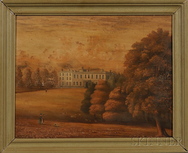 Appraisal: American School th Century Country Manor with Figures Strolling the