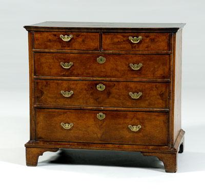 Appraisal: Queen Anne burlwood chest dovetailed construction with five side-hung drawers