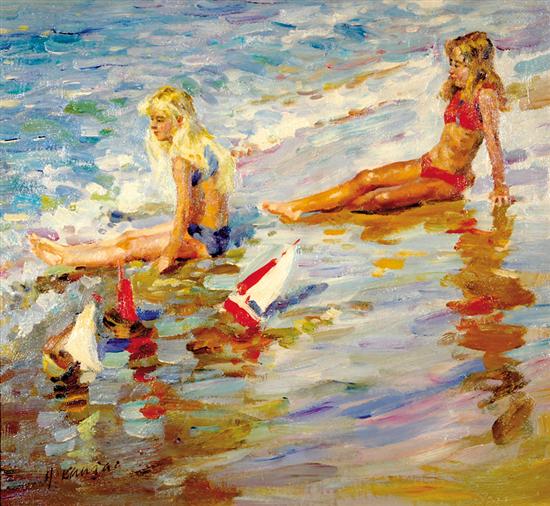 Appraisal: Continental school th century YOUNG SUNBATHERS ON BEACH oil on