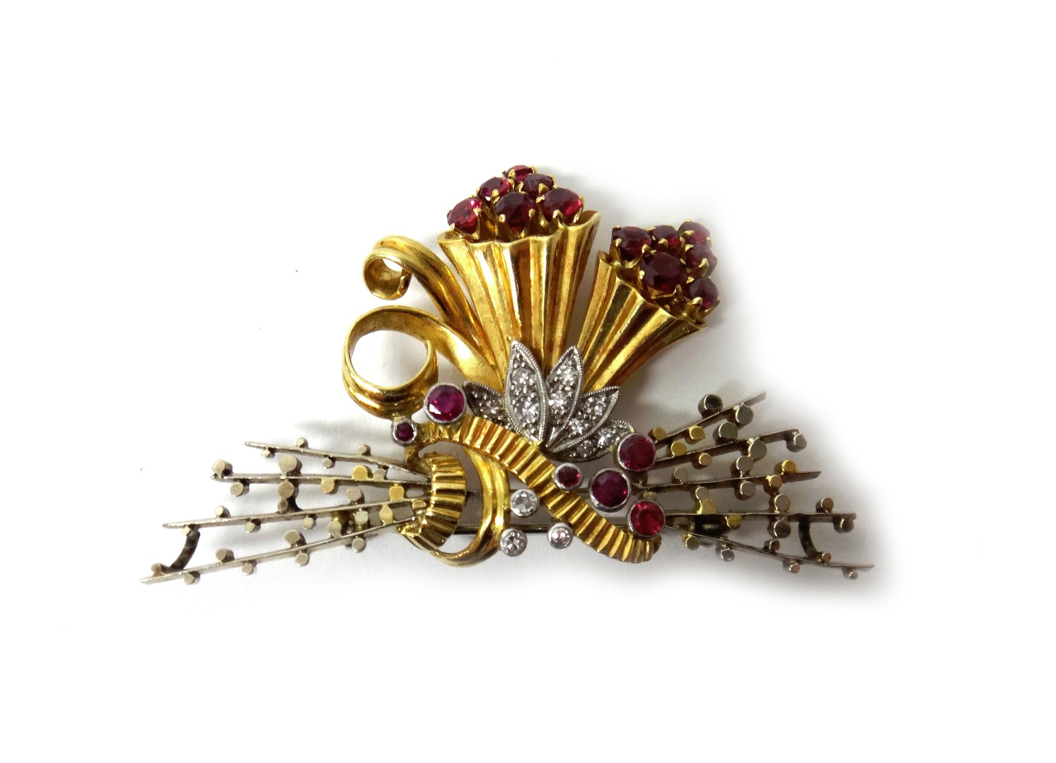 Appraisal: An ct gold ruby and diamond brooch in a twin