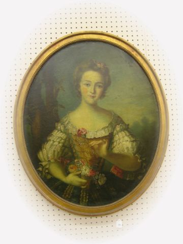 Appraisal: French oil-enhanced print on board x oval portrait of a