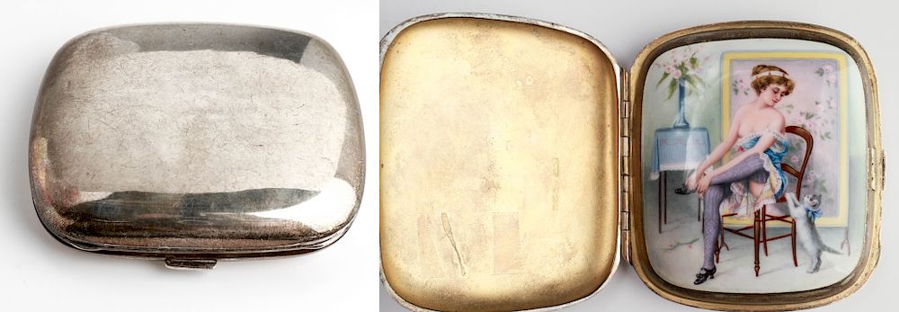 Appraisal: M C Silver w Hidden Erotic Enamel Cigarette Case M