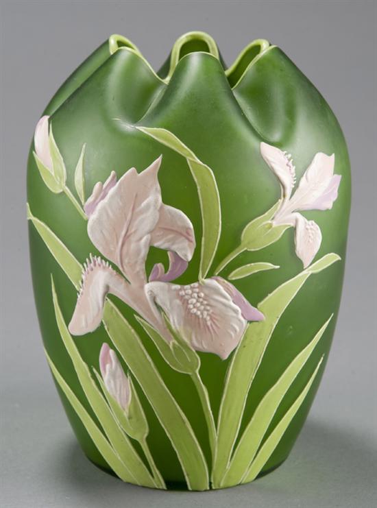 Appraisal: Art Nouveau green glass vase with enameled flowers c Handblown