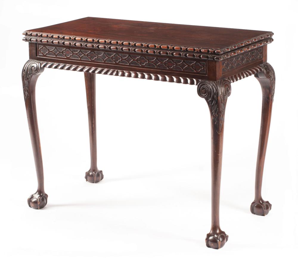 Appraisal: Fine Irish Chippendale-Style Carved Mahogany Games Table foldover top baize