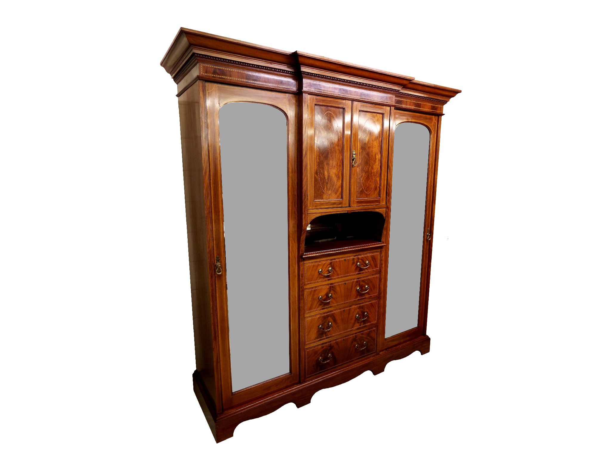 Appraisal: Edwardian inlaid figured mahogany combination breakfront wardrobe with carved egg