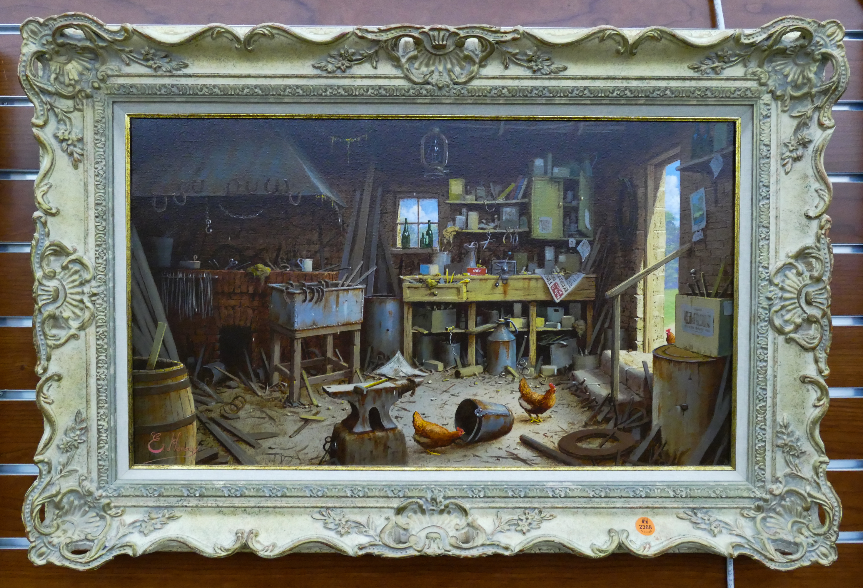 Appraisal: Edward Hersey b United Kingdom Blacksmith Shop Scene Oil on