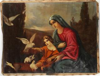 Appraisal: Unsigned Oil on Linen Madonna and child feeding doves H