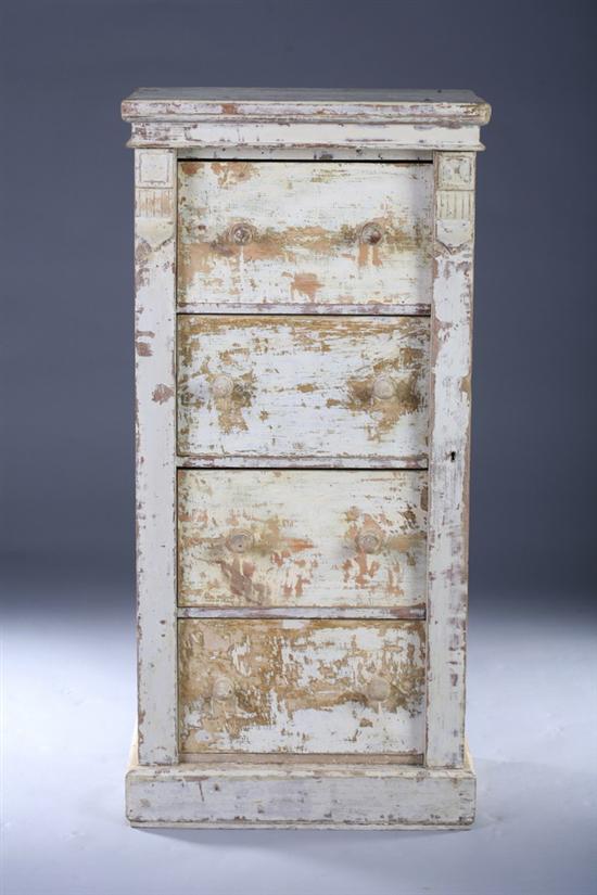 Appraisal: PAINTED PINE FOUR-DRAWER WELLINGTON CHEST th Century Stacking drawers centered