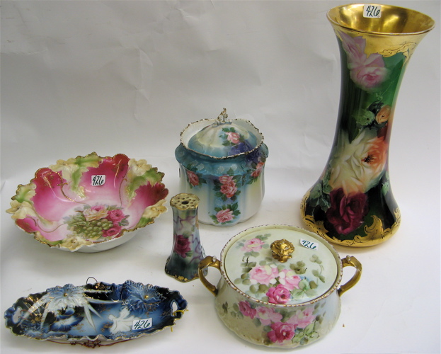 Appraisal: GROUP OF SIX FLORAL DECORATED PORCELAINS French D C tall