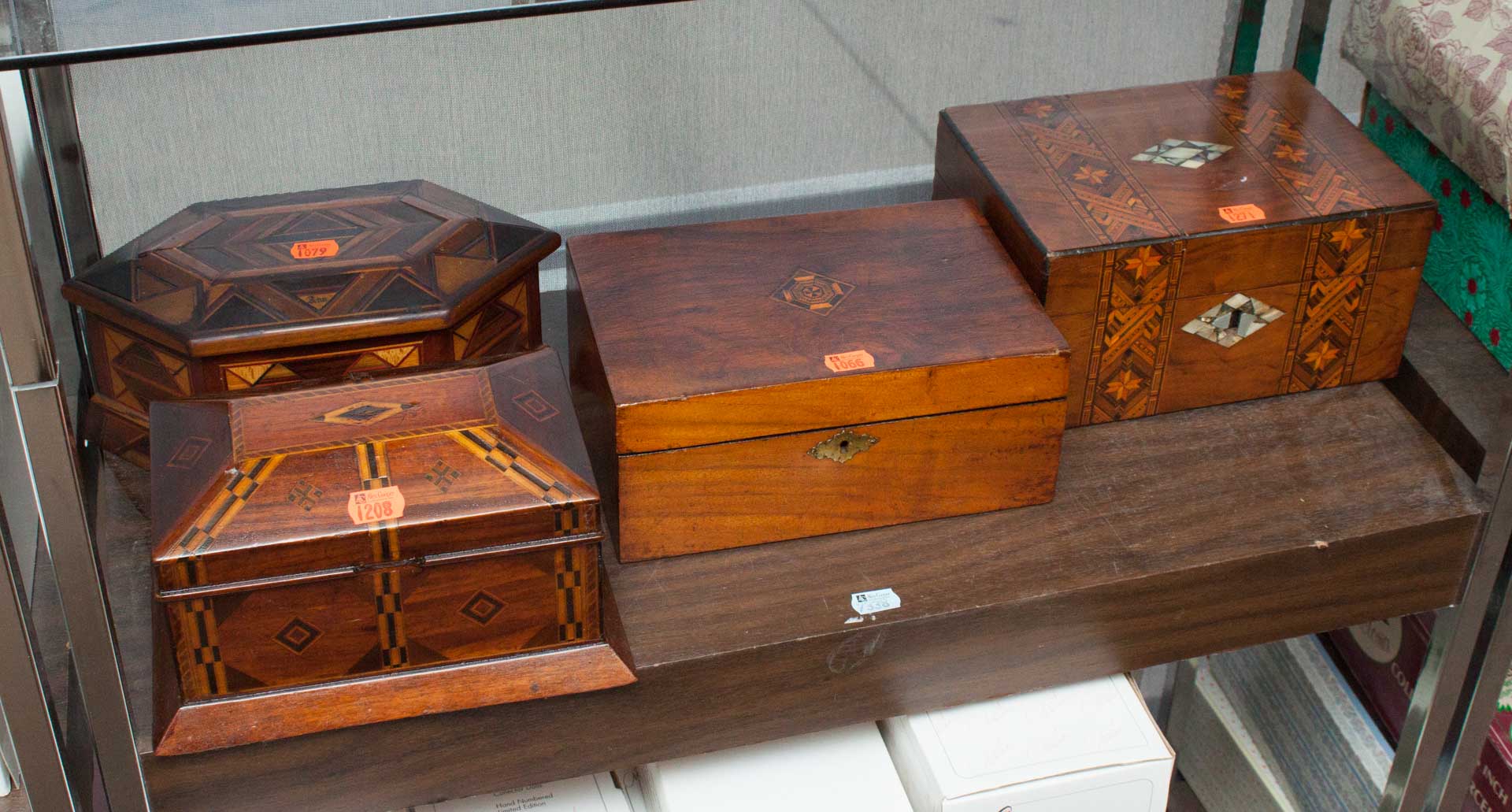 Appraisal: Four inlaid wood jewelry boxes