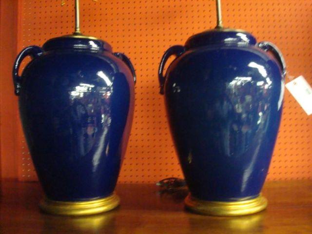 Appraisal: Pair of Blue Urn Form Lamps From a Rye home