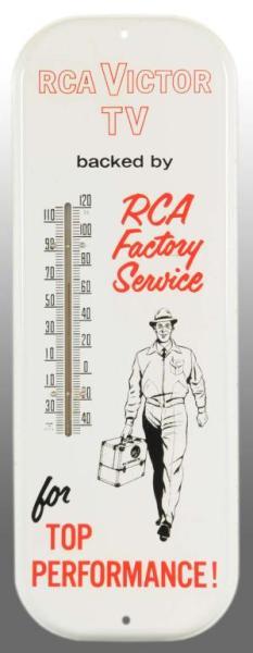 Appraisal: Tin RCA Victor Thermometer Description Depicting TV repairman from the