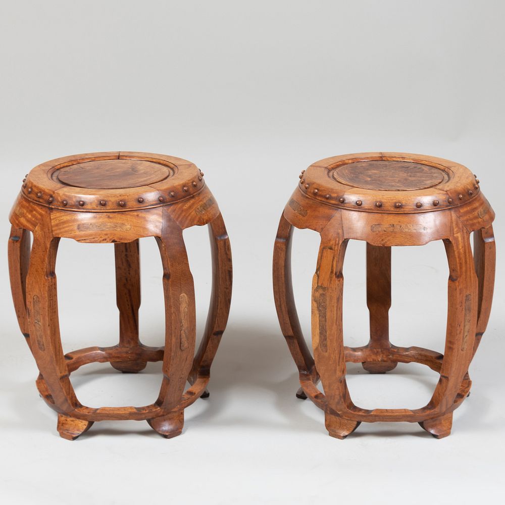 Appraisal: Pair of Chinese Carved Hardwood and Burl Inset Garden Seats