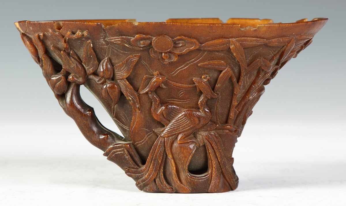 Appraisal: Early Carved Rhinoceros Horn Libation Cup Carved herons birds flowers